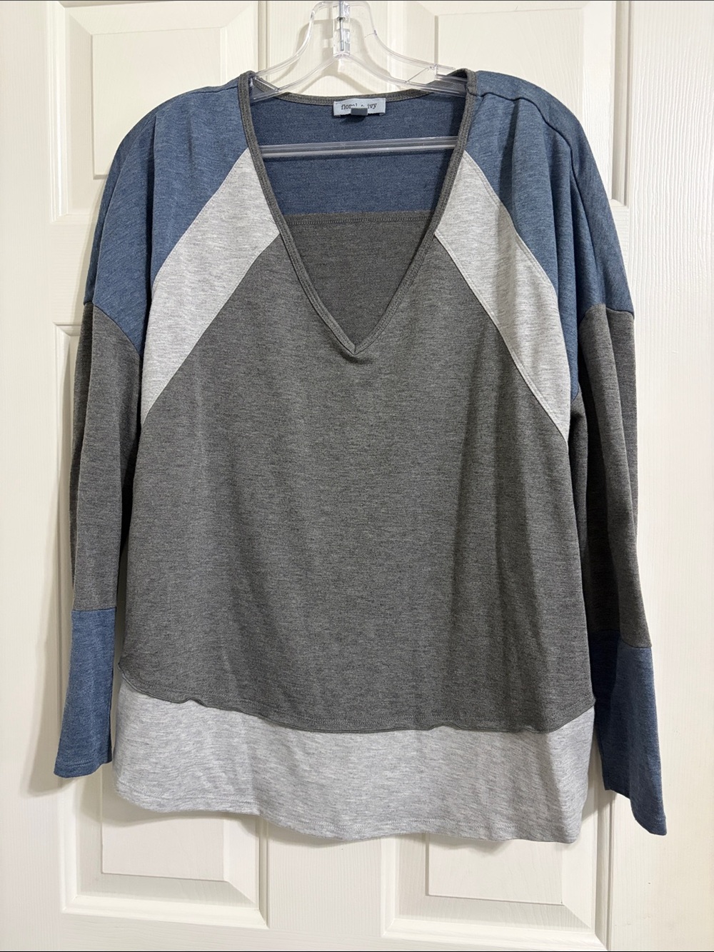 Colorblock V-Neck Long Sleeve Top in Gray and Blue by unknown